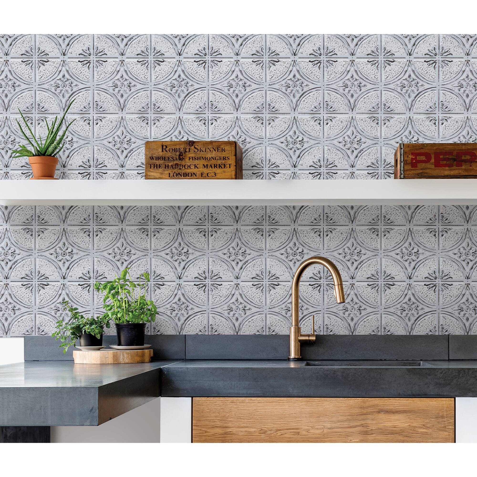 InHome Camden Antique White Faux Tin Peel & Stick Backsplash Tiles
